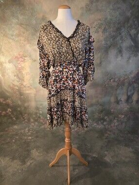 Gigio Floral Vneck Mini Dress Tiered Ruffle Skirt S